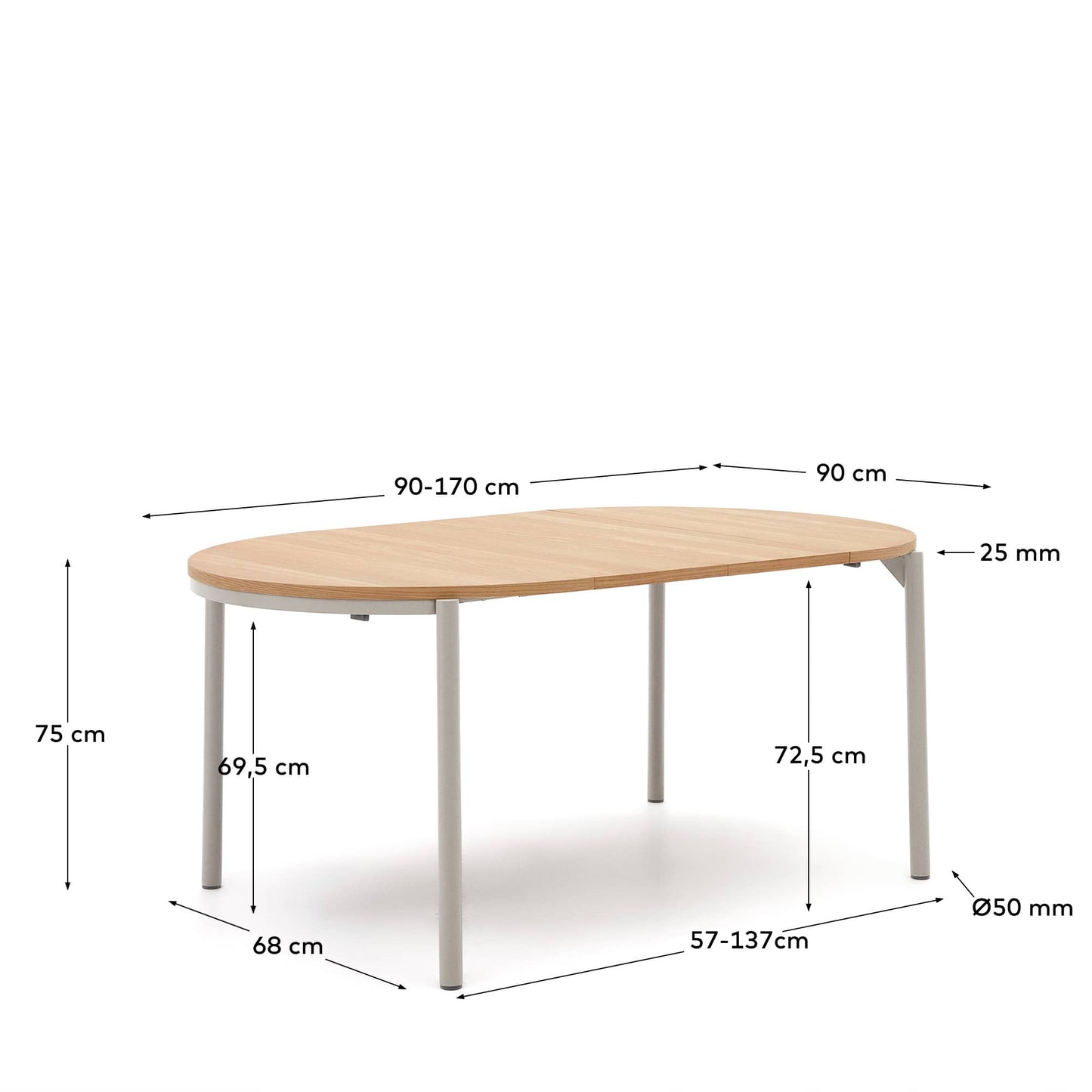 Tavolo tondo allungabile Montuiri con impiallacciatura in rovere e gambe in acciaio con finitura in grigio Ø90(170) cm