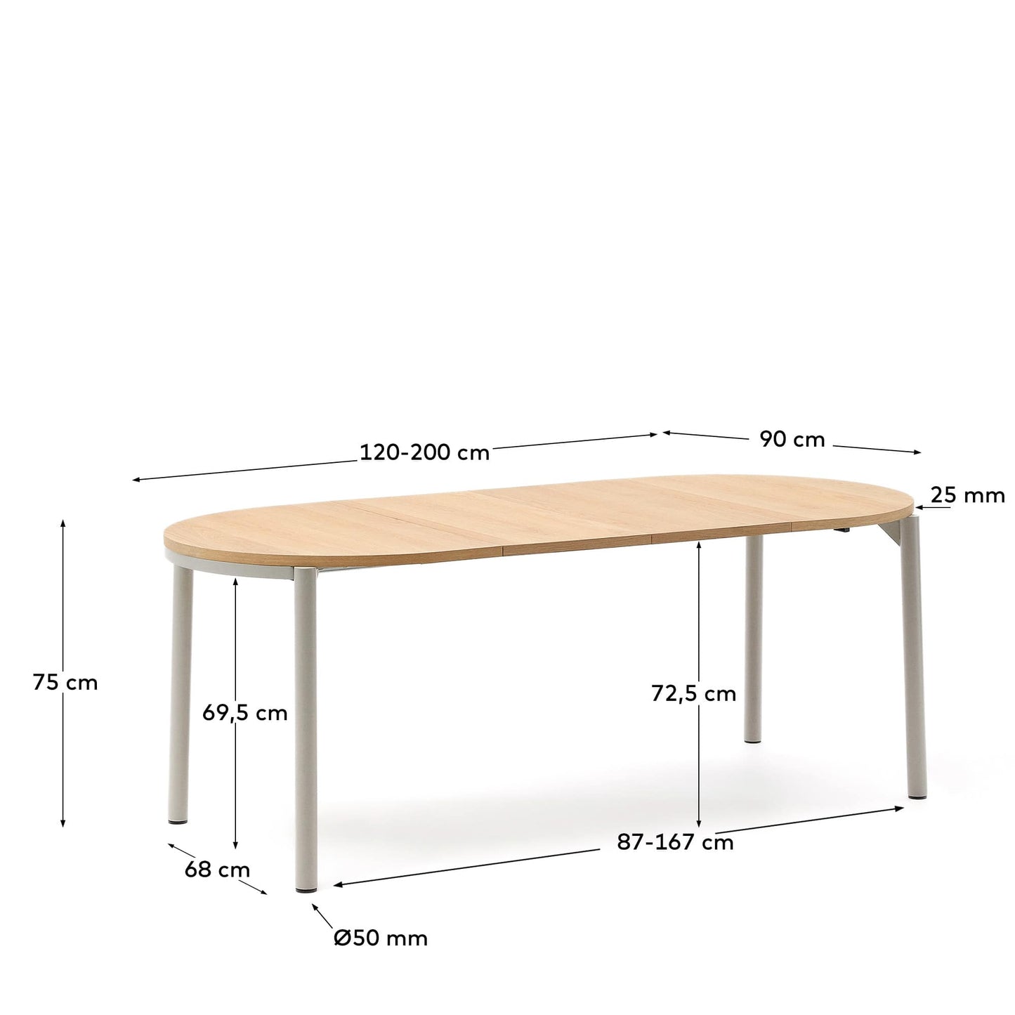Tavolo allungabile Montuiri con impiallacciatura in rovere e gambe in acciaio con finitura in grigio 120(200) x 90 cm