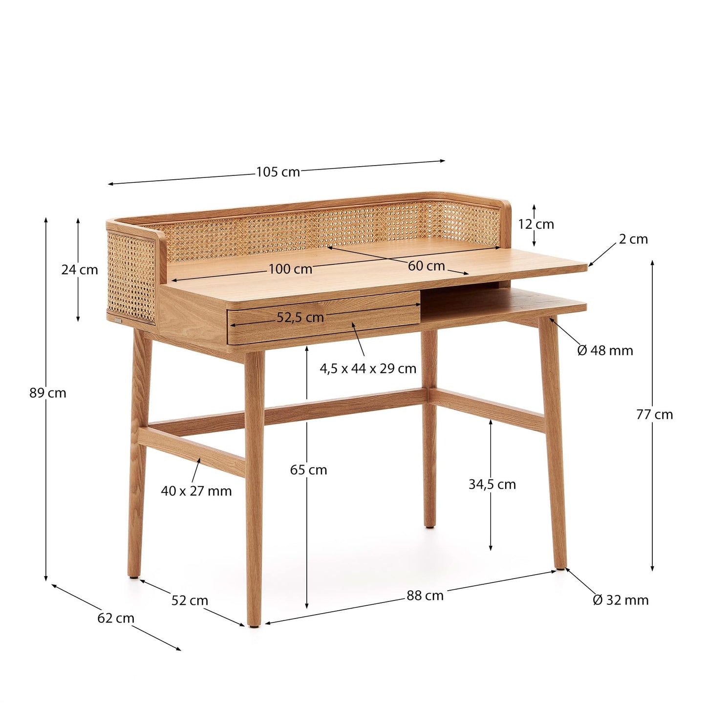 Scrivania impiallacciata in frassino massiccio e rattan 105 x 62 cm