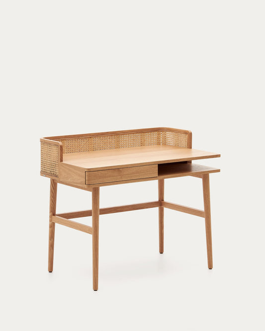 Scrivania impiallacciata in frassino massiccio e rattan 105 x 62 cm