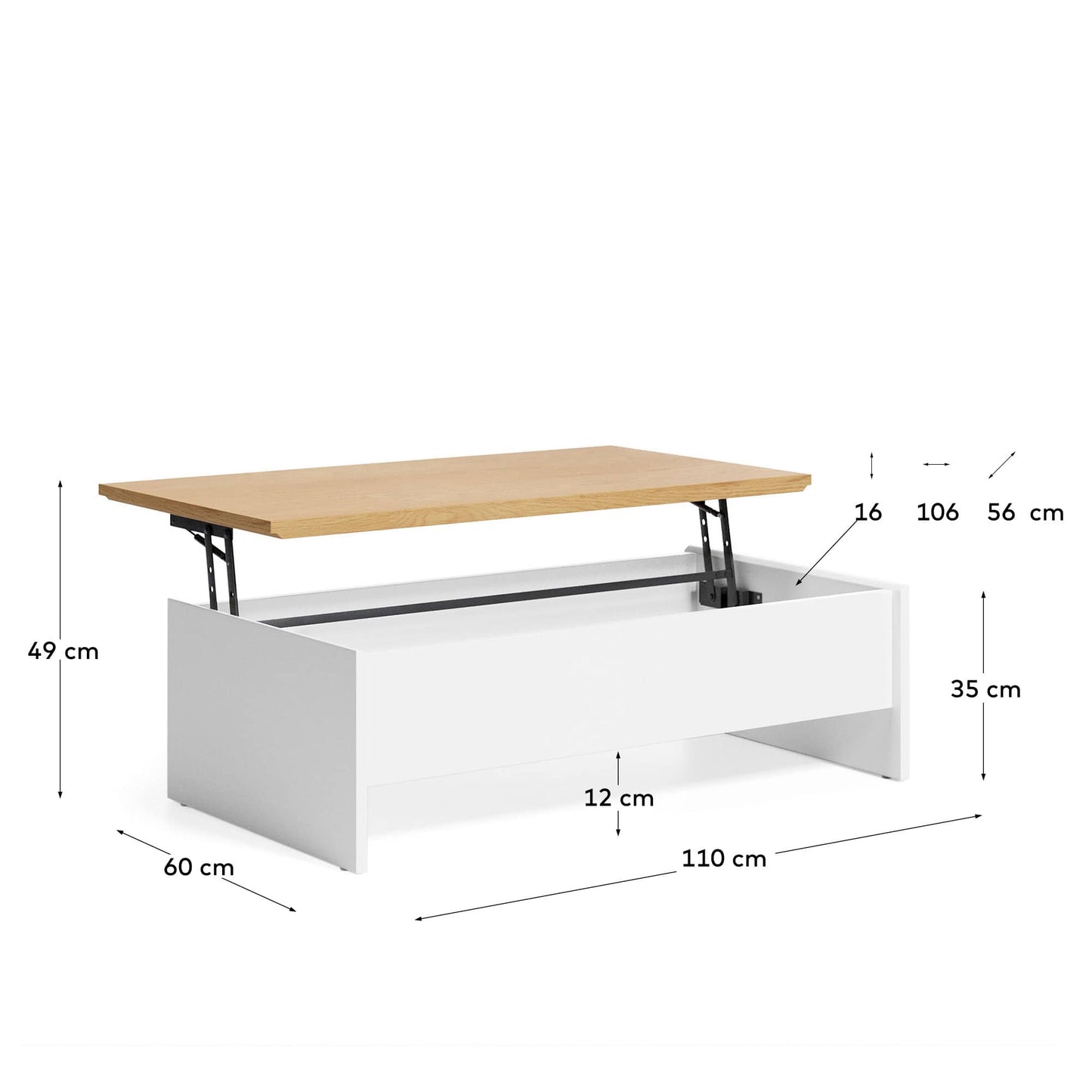 Tavolino rialzabile Abilen impiallacciato rovere e laccato bianco 110 x 60 cm
