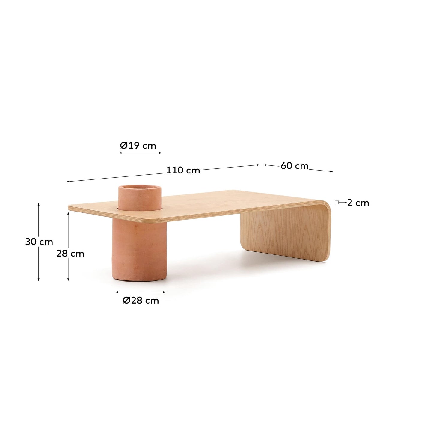 Tavolino Olaria in terracotta e impiallacciatura in rovere con finitura naturale 110 x 60 cm