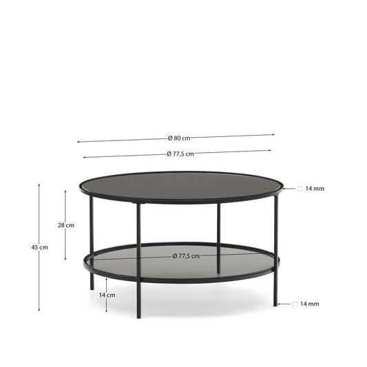 Tavolino Gilda in vetro temperato e metallo finitura verniciato nero opaco Ø 80 cm