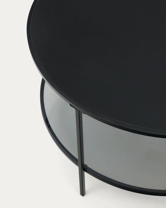 Tavolino Gilda in vetro temperato e metallo finitura verniciato nero opaco Ø 80 cm