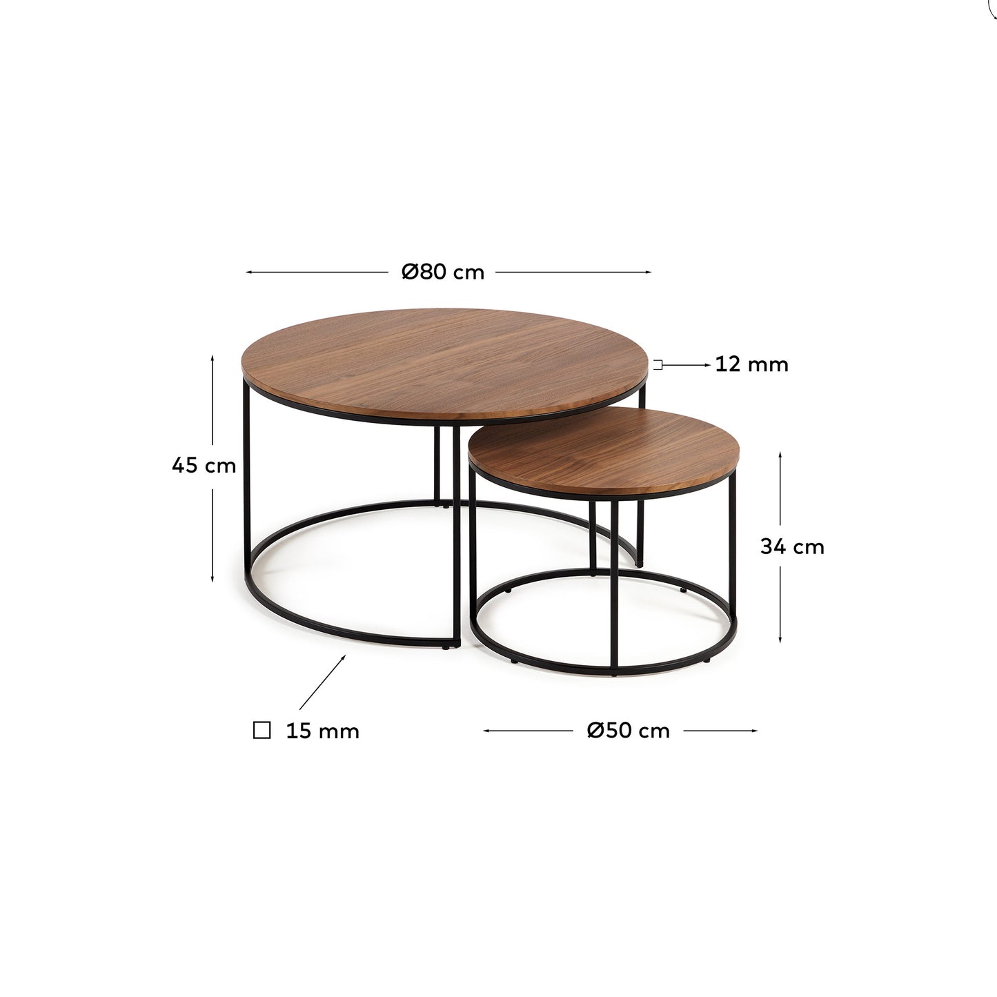 Set Yoana di 2 tavolini impiallacciati noce e metallo verniciato nero Ø 80 cm/Ø 50 cm