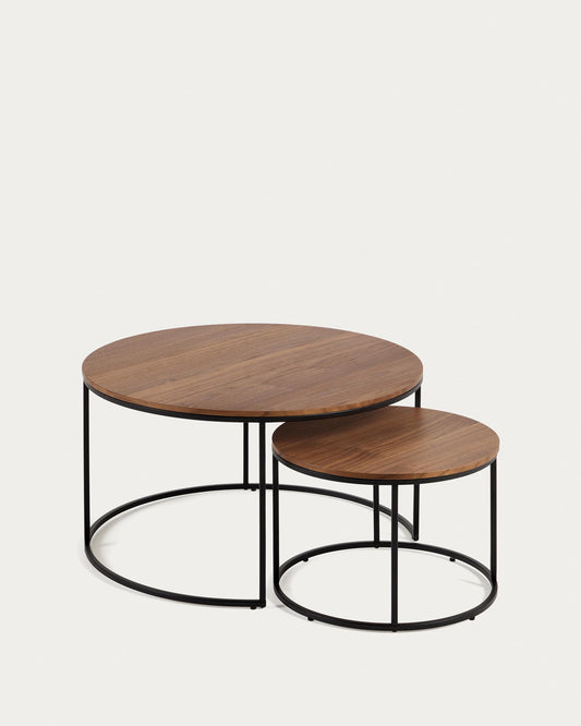 Set Yoana di 2 tavolini impiallacciati noce e metallo verniciato nero Ø 80 cm/Ø 50 cm