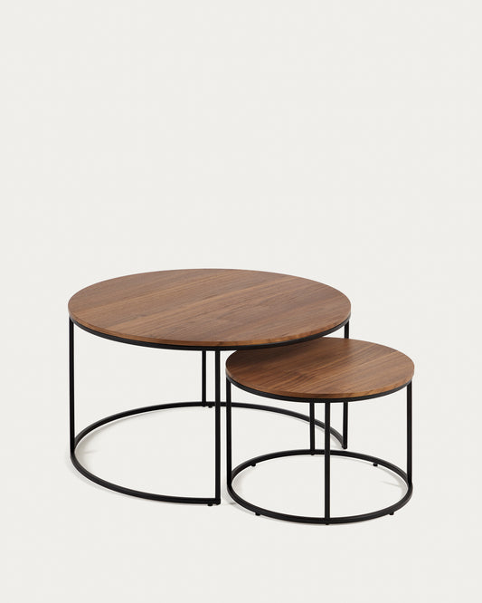 Set Yoana di 2 tavolini impiallacciati noce e metallo verniciato nero Ø 80 cm/Ø 50 cm