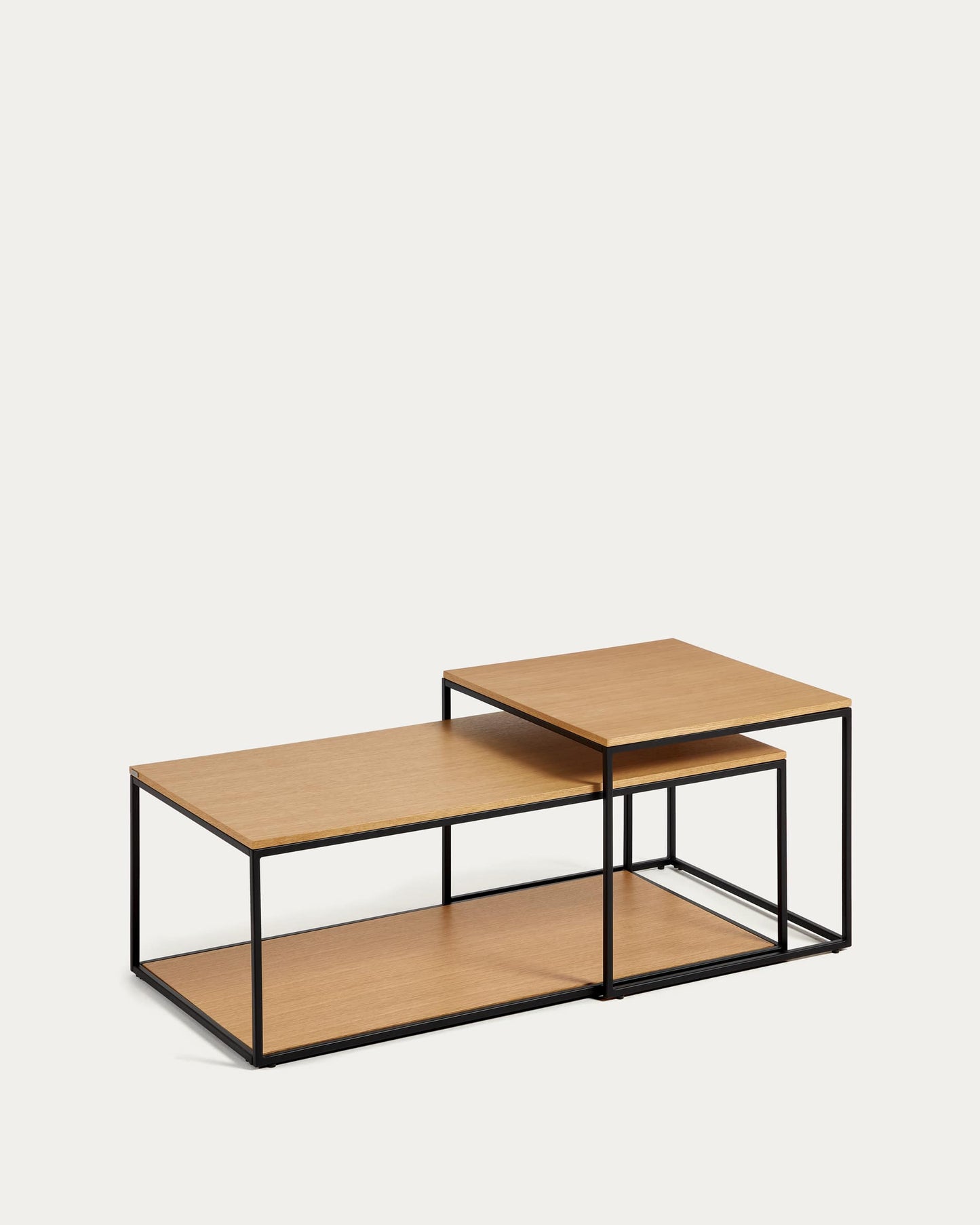 Set Yoana di 2 tavolini impiallacciati rovere e struttura metallo verniciato nero