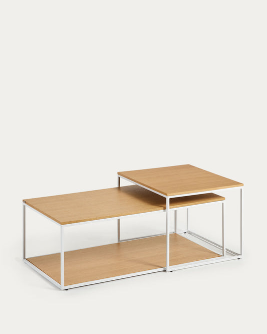 Set Yoana di 2 tavolini ad incastro impiallacciati rovere e struttura in metallo bianco