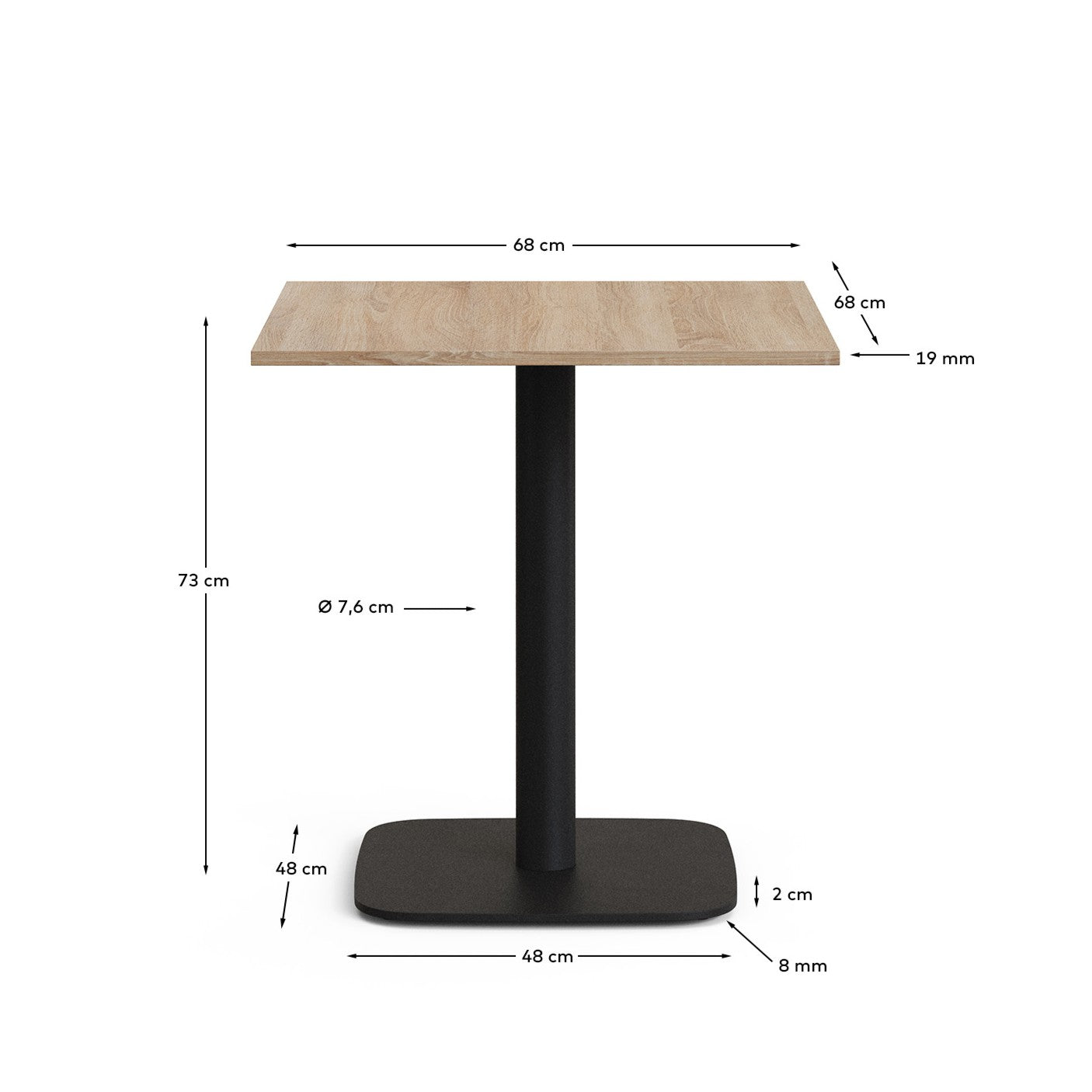 Tavolo Dina melammina rifinito naturale con gamba di metallo rifinita in nero 70 x 70 x 70 cm