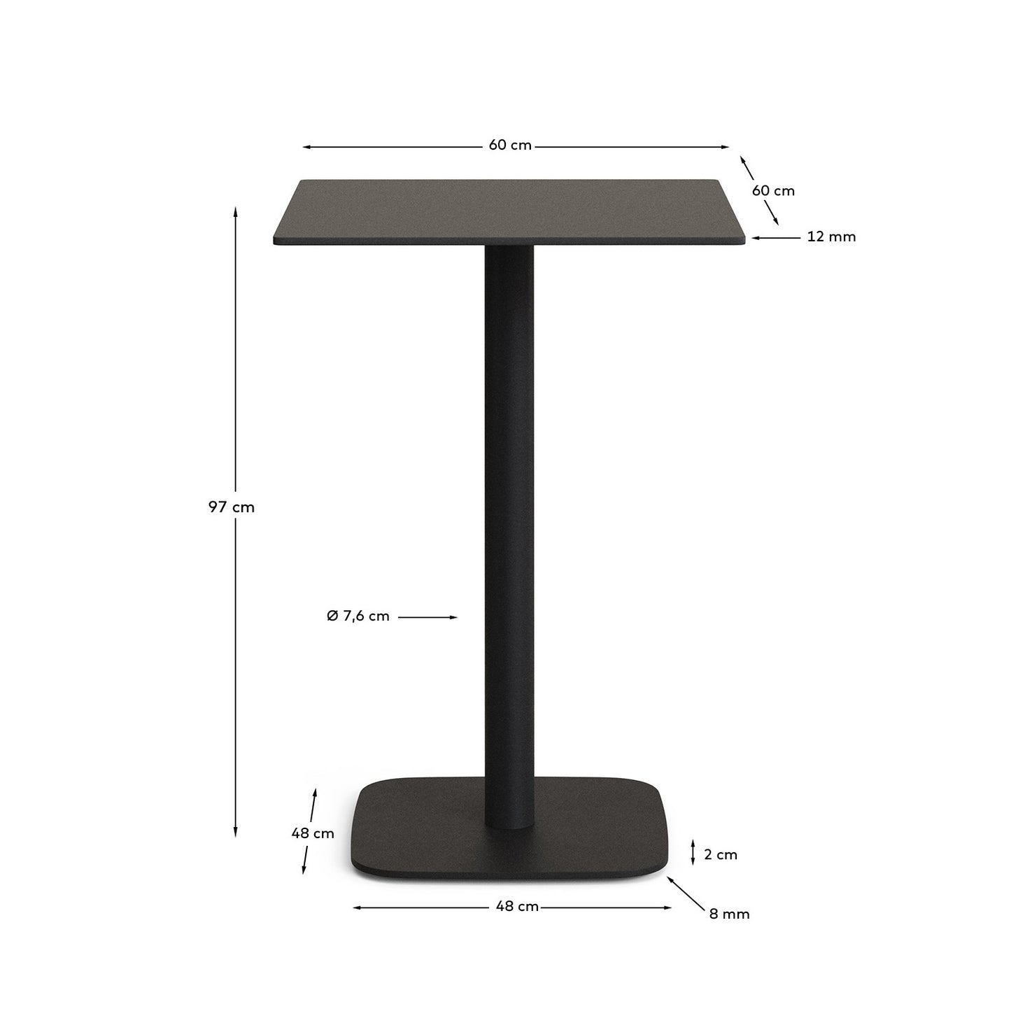 Tavolo alto per esterno Dina nero con gamba di metallo rifinita in nero 60x60x96 cm
