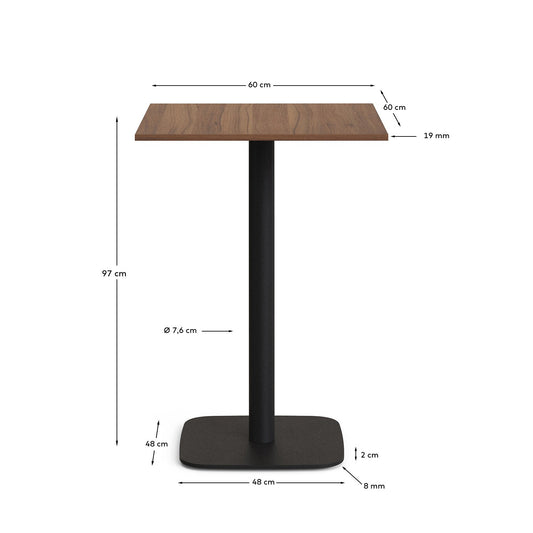 Tavolo alto Dina melammina rifinito noce con gamba di metallo rifinita in nero 60x60x96 cm
