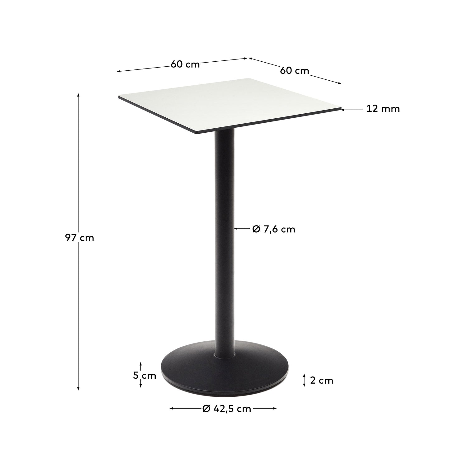 Tavolo alto da bar Esilda piano in bianco con gamba di metallo rifinita in nero 60 x 60 cm
