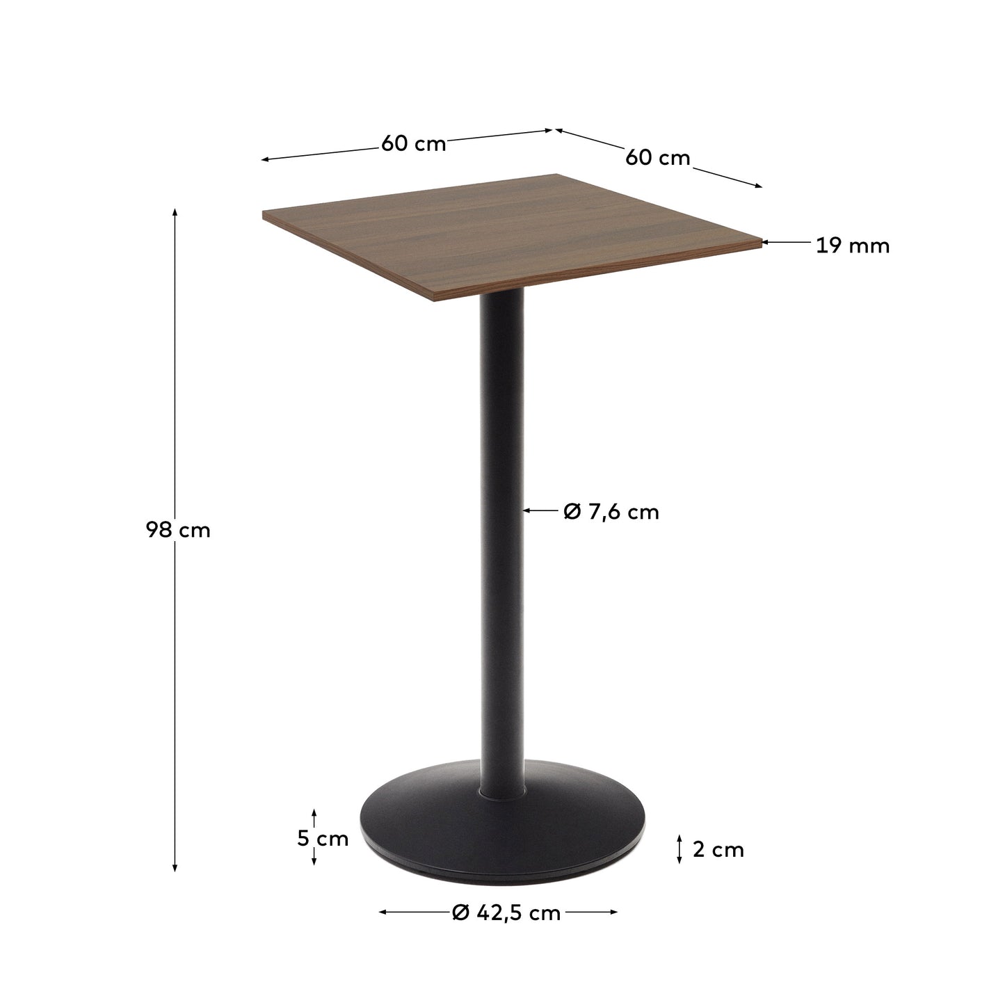 Tavolo alto da bar Esilda piano in melammina noce con gamba di metallo rifinita in nero 60 x 60 cm