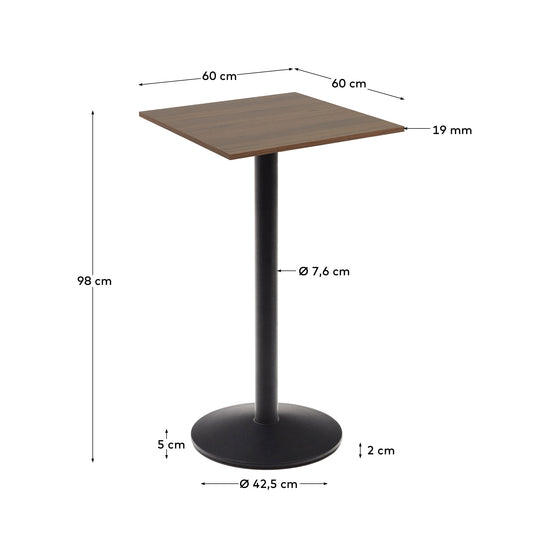Tavolo alto da bar Esilda piano in melammina noce con gamba di metallo rifinita in nero 60 x 60 cm