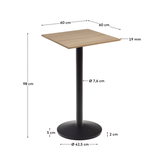 Tavolo alto da bar Esilda piano in melammina naturale con gamba di metallo rifinita in nero 60 x 60 cm