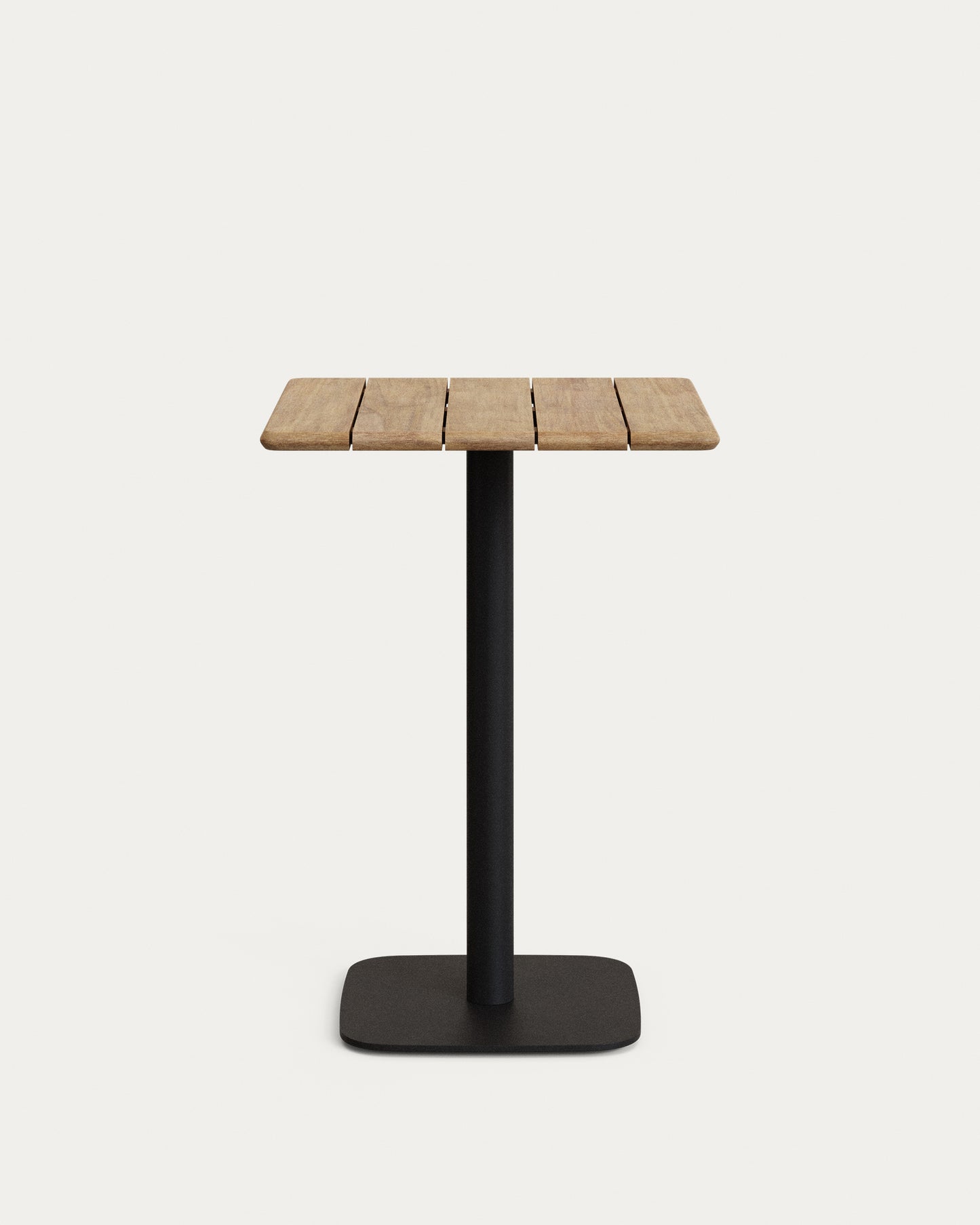 Tavolo bar alto Saura metallo nero e piano acacia finitura naturale 96x70x70 cm