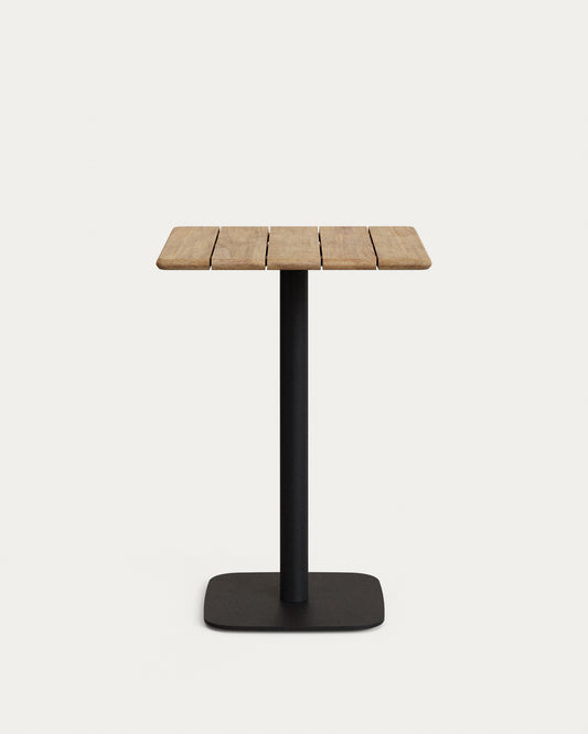 Tavolo bar alto Saura metallo nero e piano acacia finitura naturale 96x70x70 cm