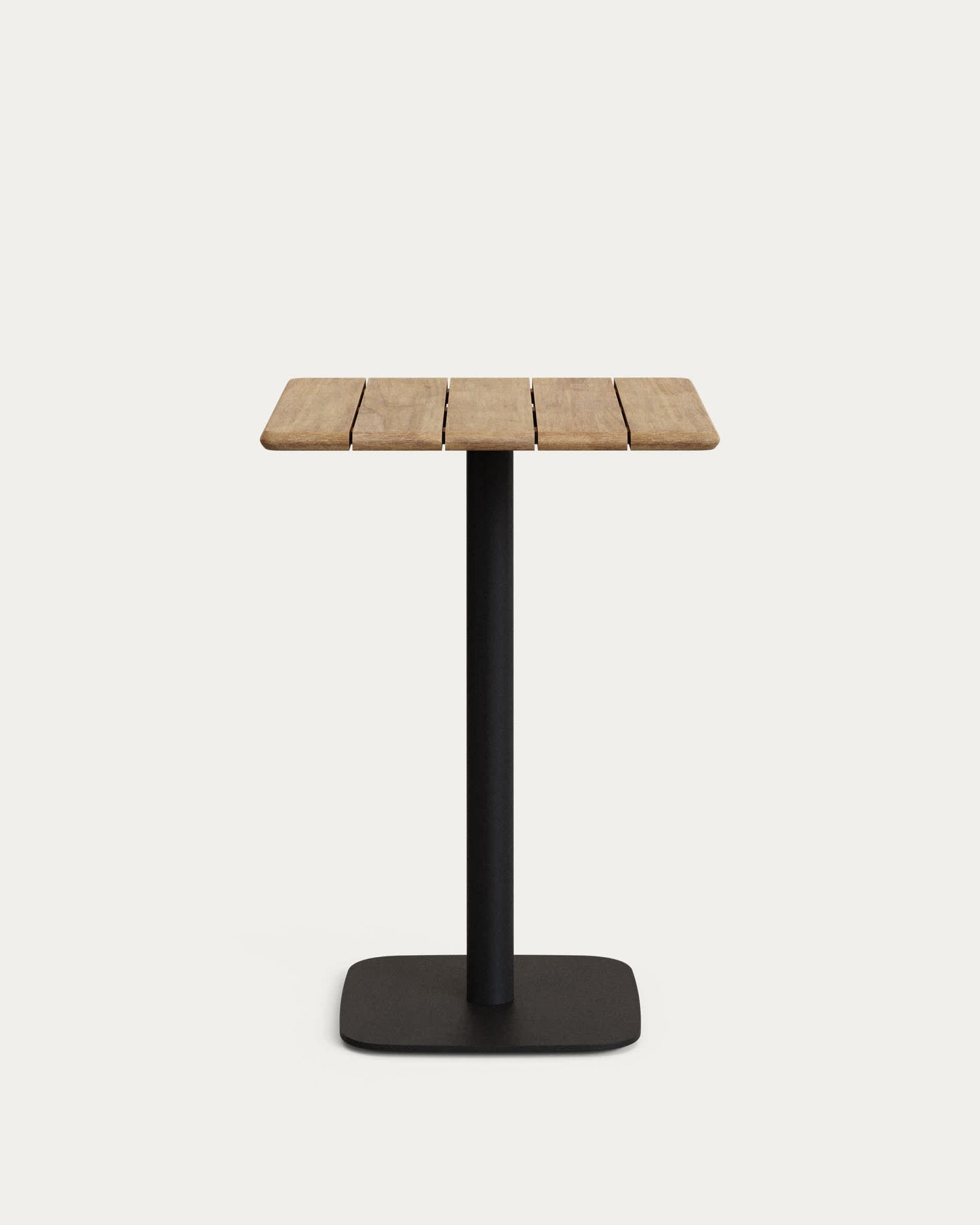 Tavolo bar alto Saura metallo nero e piano acacia finitura naturale 96x70x70 cm