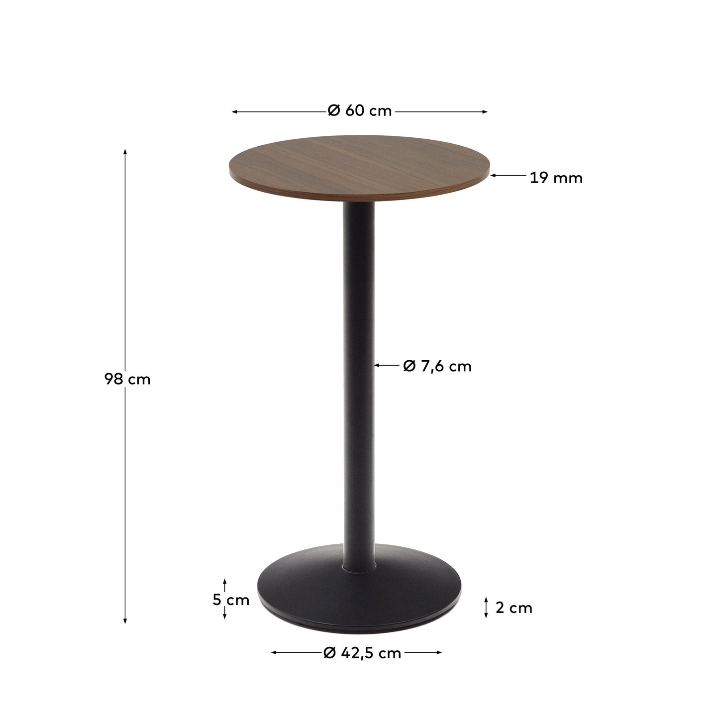 Tavolo alto rotondo da bar Esilda piano in melammina noce con gamba di metallo rifinita in nero Ø 60 cm