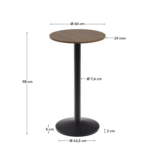 Tavolo alto rotondo da bar Esilda piano in melammina noce con gamba di metallo rifinita in nero Ø 60 cm