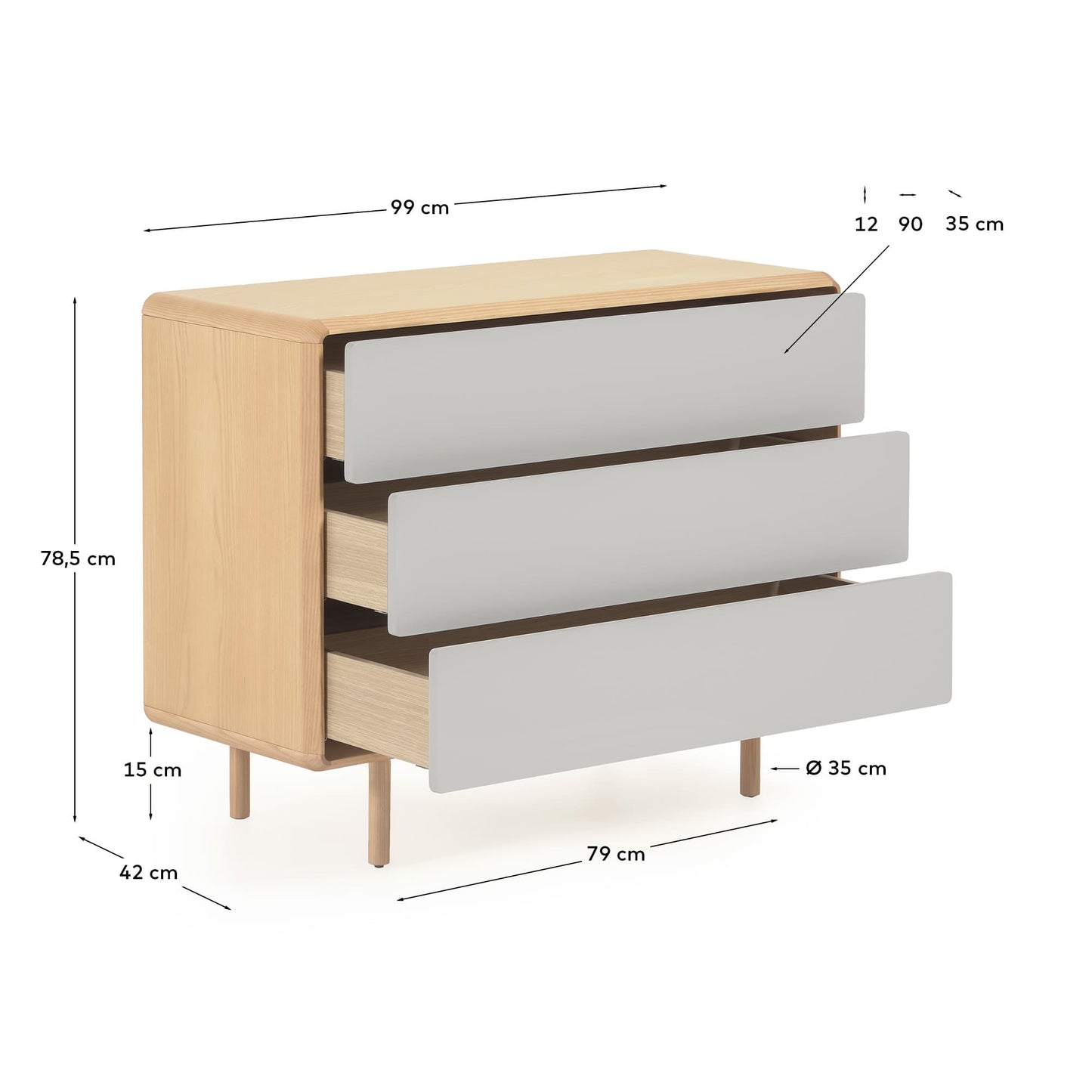 Comò Anielle 3 cassetti in legno massello e impiallacciato frassino 99 x 78,5 cm