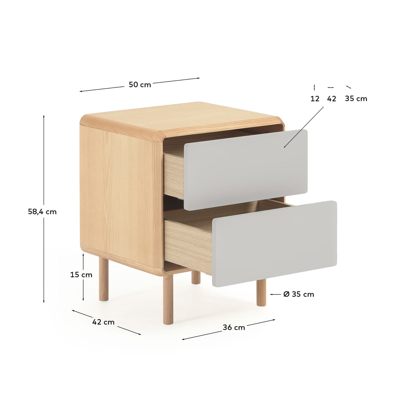 Comodino Anielle in legno massello e impiallacciato frassino 50 x 58,4 cm