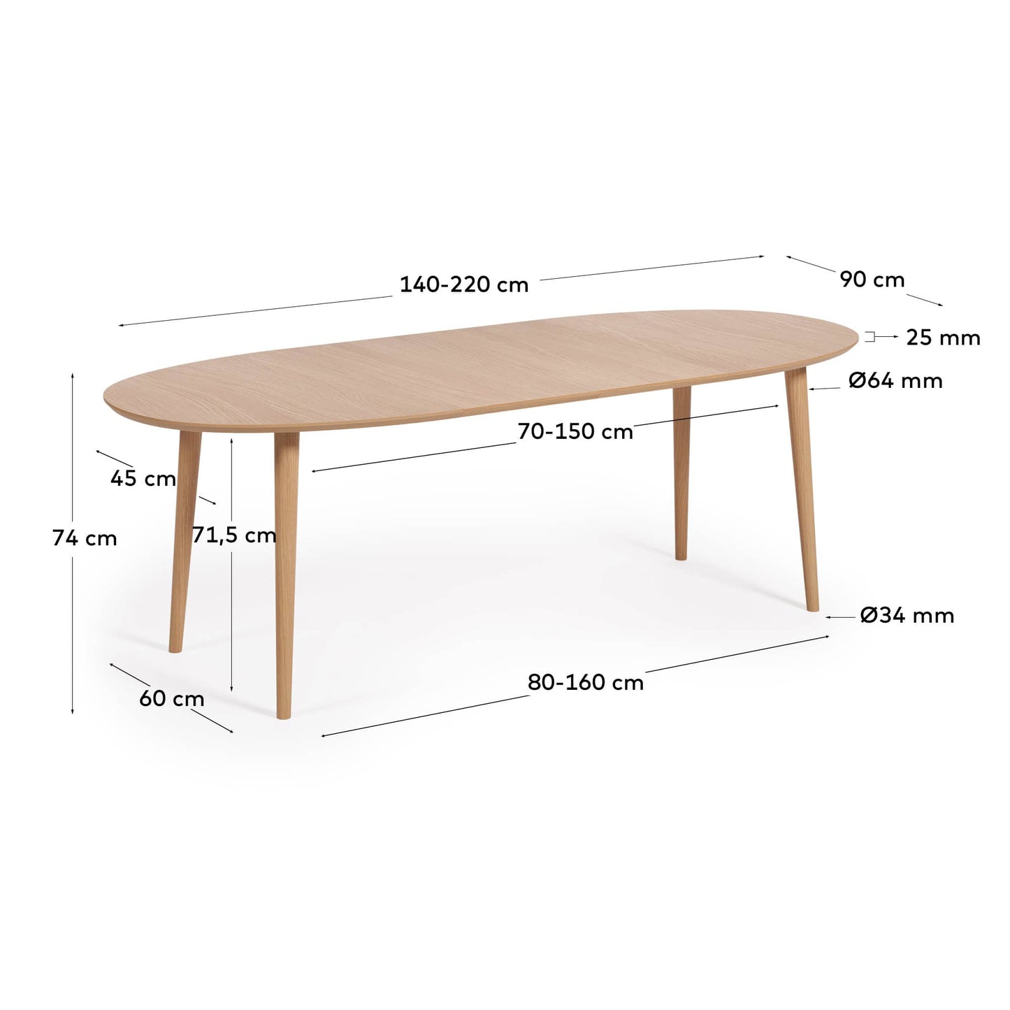 Tavolo ovale allungabile Oqui impiallacciato rovere, gambe in massello Ø 140 (220) x 90 cm