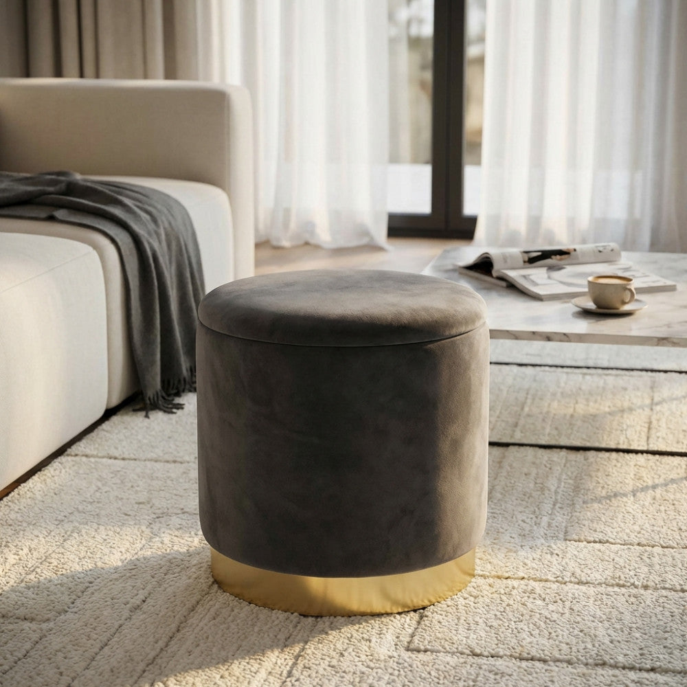 Pouf contenitore Villas rotondo in velluto grigio scuro Ø 37