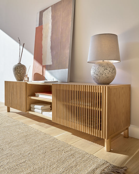 Mobile TV Beyla 2 ante in legno massello e impiallacciato rovere 180 x 49,5 cm